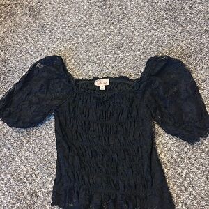 Buckle Black Lace Puff Sleeve Blouse